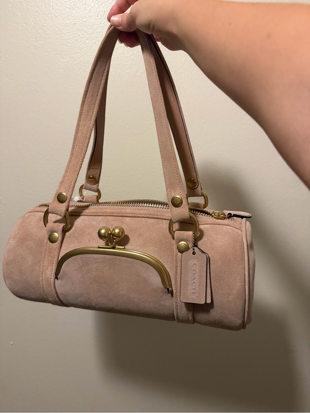 Coach Suede Nuage Kisslock Barrel with Brass Hardware
